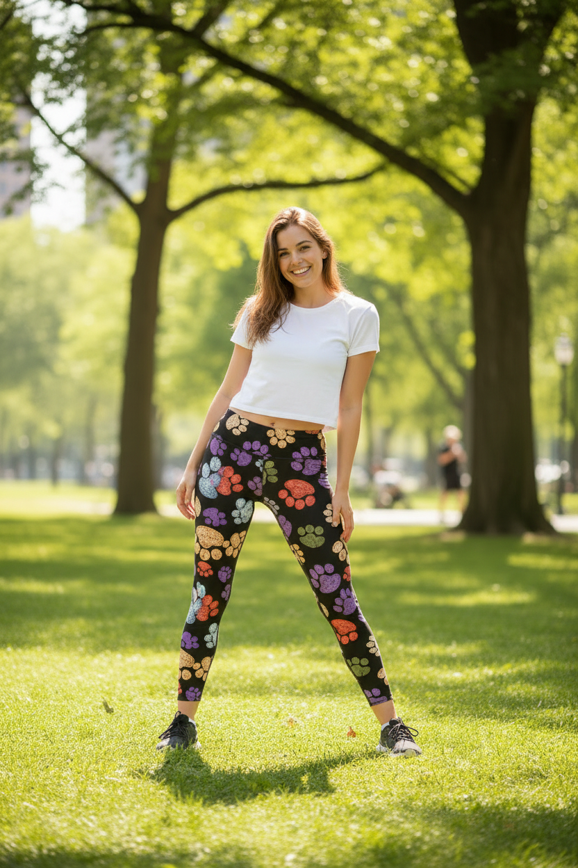 Woman wearing Pitter Patter leggings - lifestyle